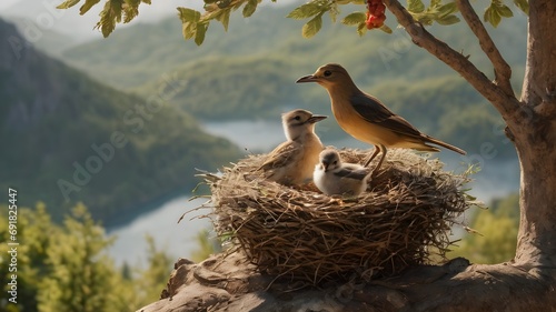 birds nest in the nest mountain background  photo