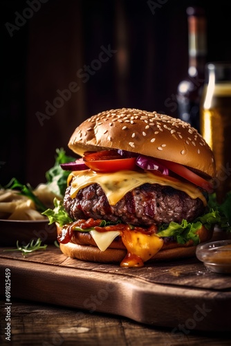 Cheese burger - American cheese burger with fresh salad on wooden background