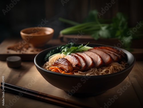 Ramen noodle with roasted duck and vegetables in bowl on wooden table photo