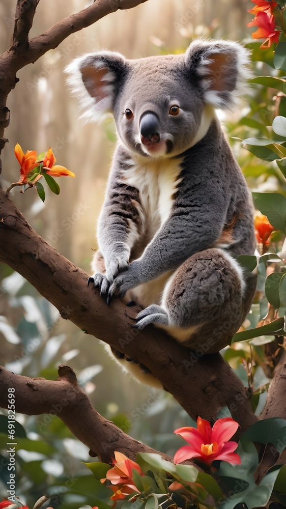 koala cub running , portrait of koala in the flower , wild jungle 
