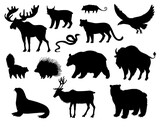 North America animals vector black silhouette set, Moose, Bison, bear reindeer Skunk, Cougar wild isolated animals