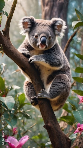 koala cub running , portrait of koala in the flower , wild jungle 