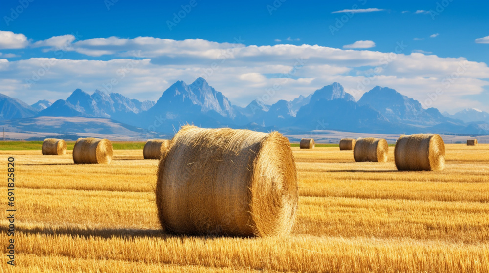 Tranquil Agricultural Landscape with Hay Bales Under Sunlit Sky