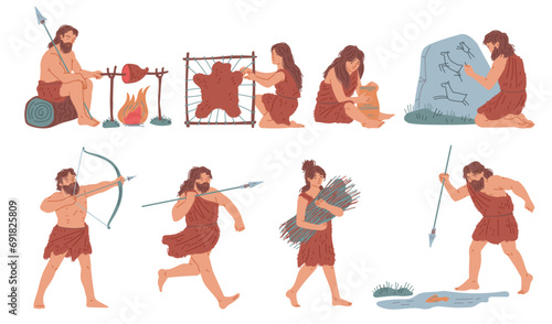 Set of primitive stone age people, flat vector illustration isolated on white background.