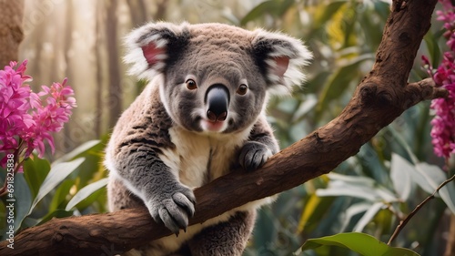 koala cub running   portrait of koala in the flower   wild jungle 