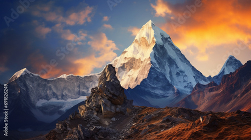 Beautiful Mountain Landscape with Snowy Peaks and Colorful Sunrise