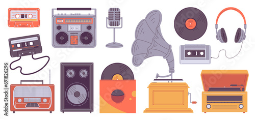 Set of retro music players, flat vector illustration isolated on white background.