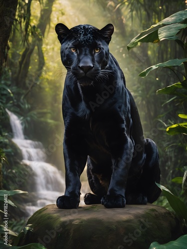 Portrait of a black jaguar in the forest, flower , in the fantasy jungle,