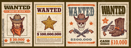 Vintage western style Wanted posters set with bandit portrait, skull, sheriff badge and revolvers, paper blank reward