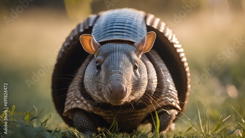 A Southern Three-banded Armadillo is walking on the grass photo