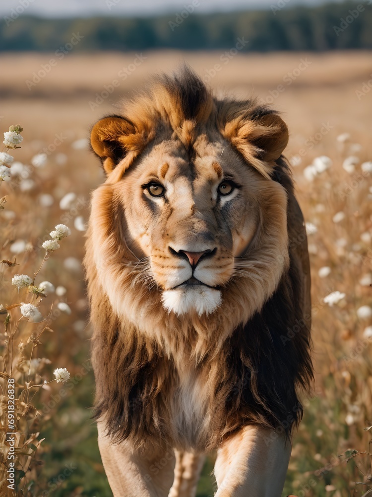 Obraz premium lion in the flower field, lion portrait , lion in the middle of jungle