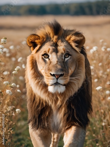 lion in the flower field, lion portrait , lion in the middle of jungle