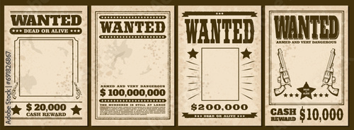 Wanted posters, set of vintage western banners, old style vector photo