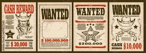 Western wanted retro style banner or posters hand drawn vector illustration. photo