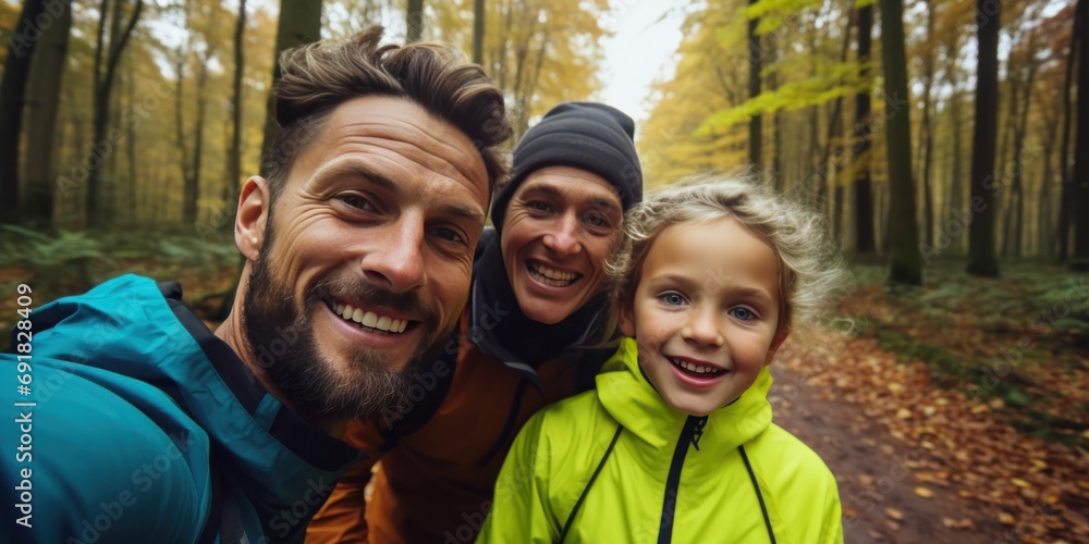 a family is posing for a selfie during a trail run, generative AI a family is posing for a selfie during a trail run, generative AI