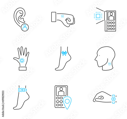 Human electronic tagging outline icon collection set, transparent background. Vector illustration with GPS monitor attached to ankle, arm or hand. Microchip or bar code inside skin to scan human