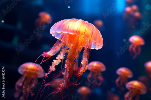ballet of elegantly dancing jellyfish  in an underwater cave © artefacti