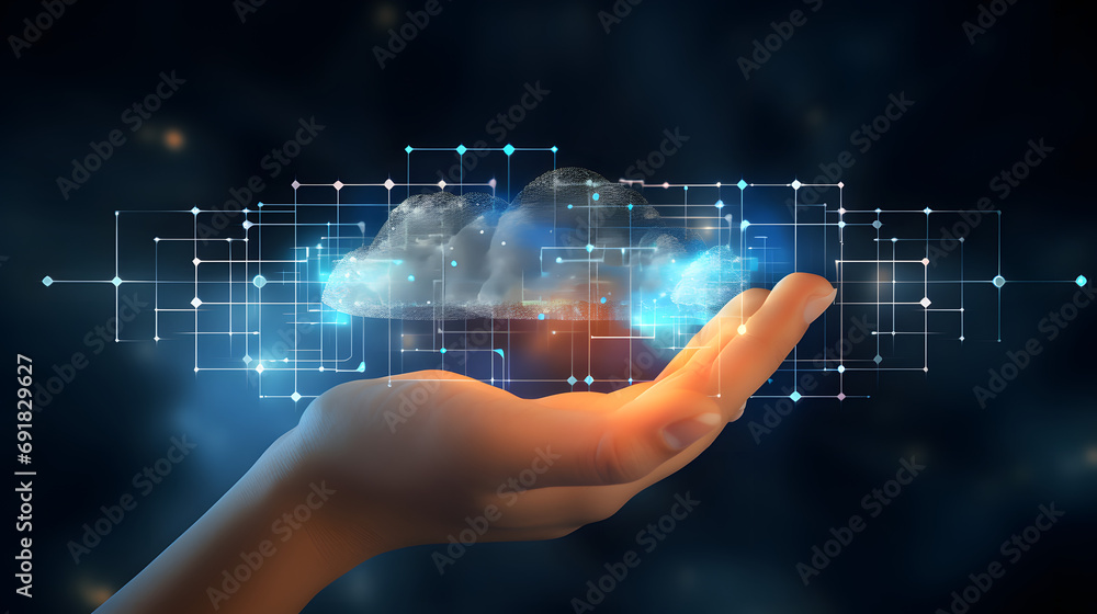 Hand pushing icon Ui of Cloud Computing Technology Internet Storage Network Concept. Generative Ai.