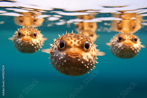 A group of pufferfish moving through the water in a fascinating formation