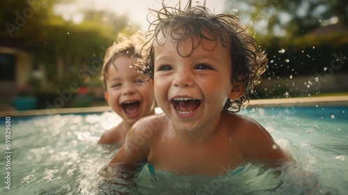 Two young children playing in a swimming pool. Generative AI.