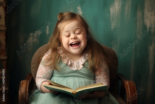 Happy girl with Down syndrome sitting in the room holding and reading book photo