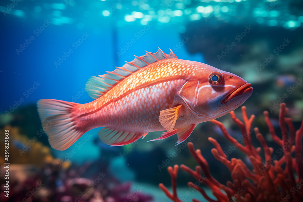 Coral Bass preparing to hunt or attack a prey fish Coral Bass preparing to hunt or attack a prey fish