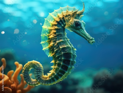 A close up of a sea horse in the water. Generative AI.
