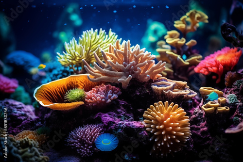 vibrant colors and shapes of different coral species in the reef