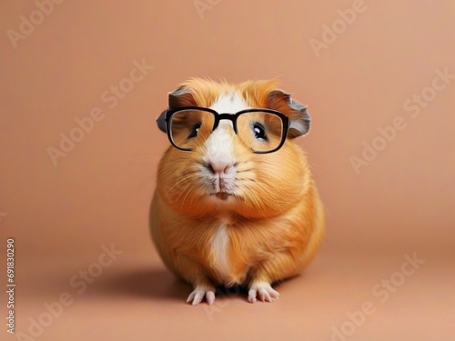 A guinea pig with glasses and a heart in her hands on a peach background.
 photo
