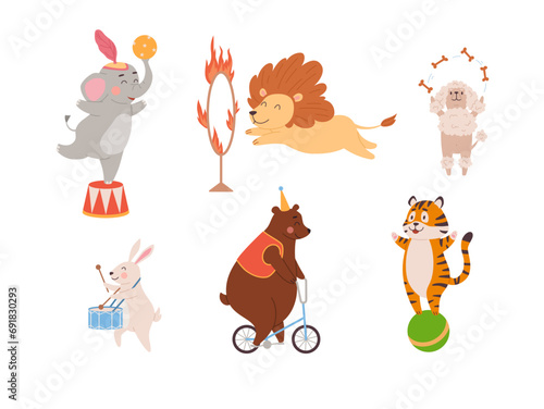 Trained animals perform in the circus arena, flat vector illustration isolated.