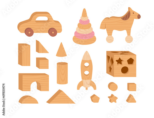 Cartoon wooden toys vector set, car and rocket, pyramid and horse, bricks, children logical game cubic construction