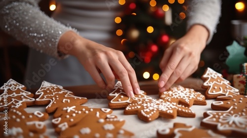 Woman joyfully decorates homemade gingerbread cookies with icing for Christmas celebration. Generative AI.
