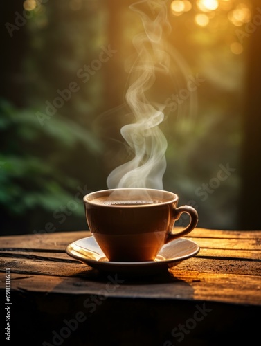 A coffee cup with steam on a wooden table in the forest at sunset. Generative AI.