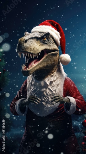A festive dinosaur dons a Santa hat and suit, holding a present under a Christmas tree. Generative AI. © Natalia