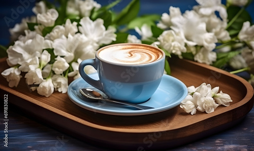 Cup of coffee, on a table with natural flowers,, Aromatic Coffee with Cherry Blossom Elegance