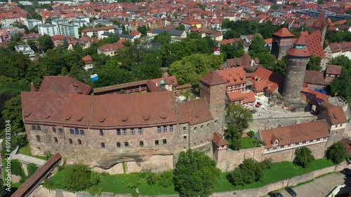 Nuremberg: Aerial view and Pedestal rise  of Imperial Castle of Nuremberg and Sinwell Tower in historic city centre - landscape panorama of Bavaria from above, Germany, Europe photo