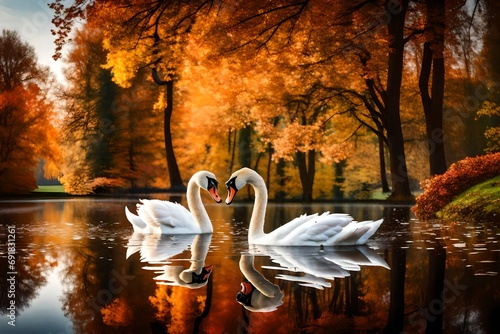 Two swans on pond in autumn park  Poland