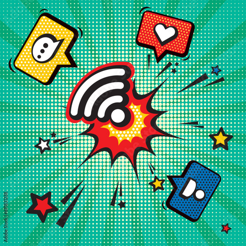Connection established. Pop art vector illustration with social network symbols