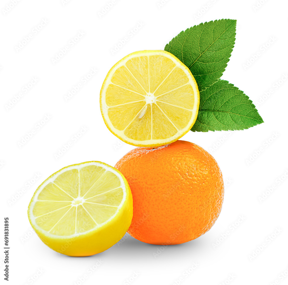two lemon halves and an orange fruit isolated on a white background two lemon halves and an orange fruit isolated on a white background