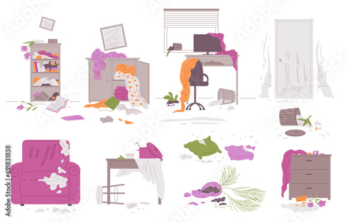 Pet mess, disorder and destruction by bad pet, vector damaged and scratched armchair, door, wallpaper, shreds scattered