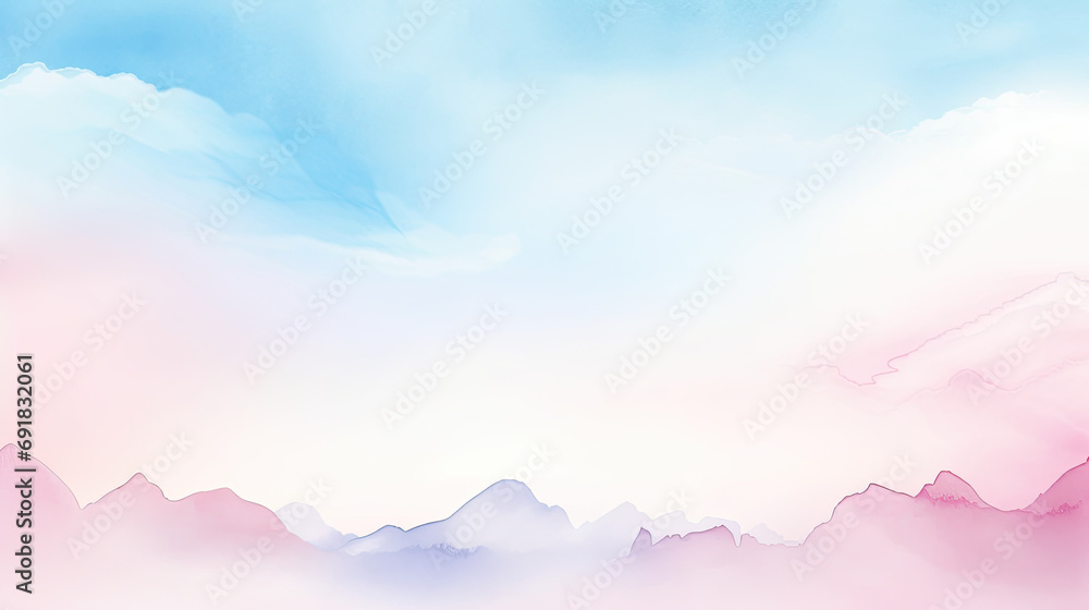  watercolor pastel pink with tranquil sky blue,A serene pink and blue sky with fluffy clouds and a majestic mountain in the background. Perfect for nature-themed designs, travel brochures, inspiration