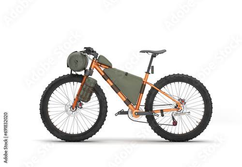 modern mountain tourist orang bicycle with accessories left view 3d render on white