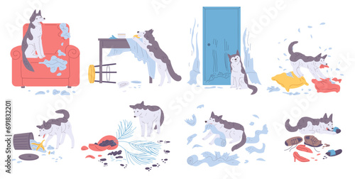Clutter, disorder and destruction from play naughty dog, cartoon vector pet mess illustrations set photo