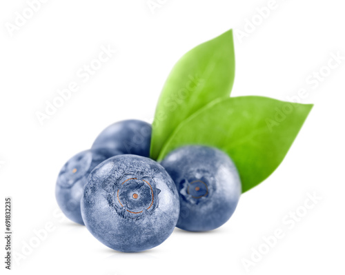 blueberry berries with leaves isolated on a white background with shadow and reflection