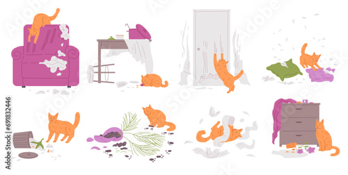 Set of red cats ruining furniture and making mess flat style