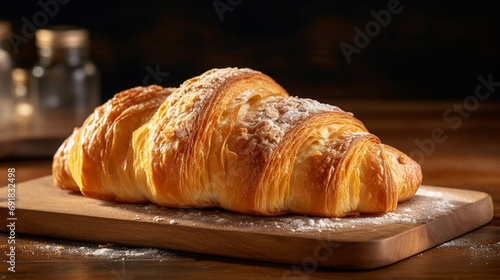 The croissant bread on the wooden plate on the table looked most appetizing.