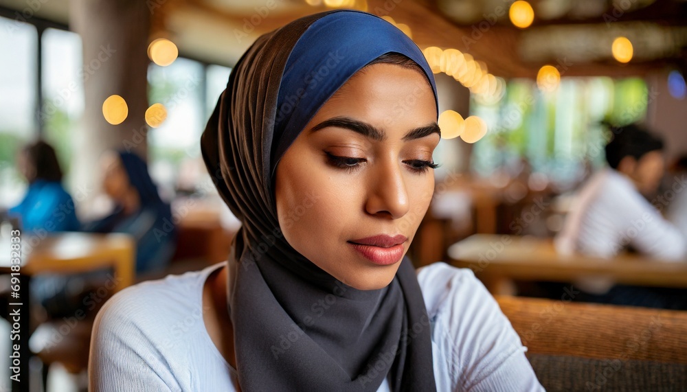 woman with headscarf, sitting in a restaurant. She appears to be looking down woman with headscarf, sitting in a restaurant. She appears to be looking down