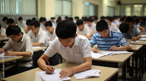 Asian boys students taking an exam in a classroom , examination test takers in a class in Asia © Keitma