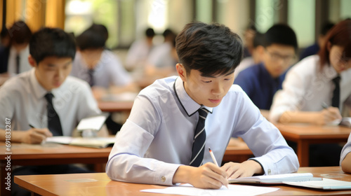 Asian boys students taking an exam in a classroom , examination test takers in a class in Asia photo