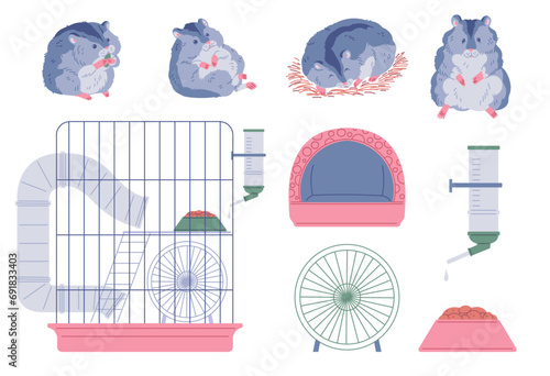 Cute hamster sits, sleeps and eats seed, home cage, wheel and automatic drinker, soft bed and bowl of feed vector set